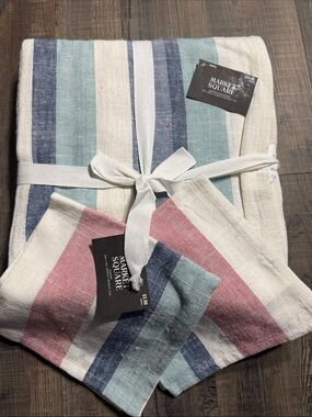 Striped Kitchen Linen 70x108” table cloth & napkins Set in Blue, Pink, and White